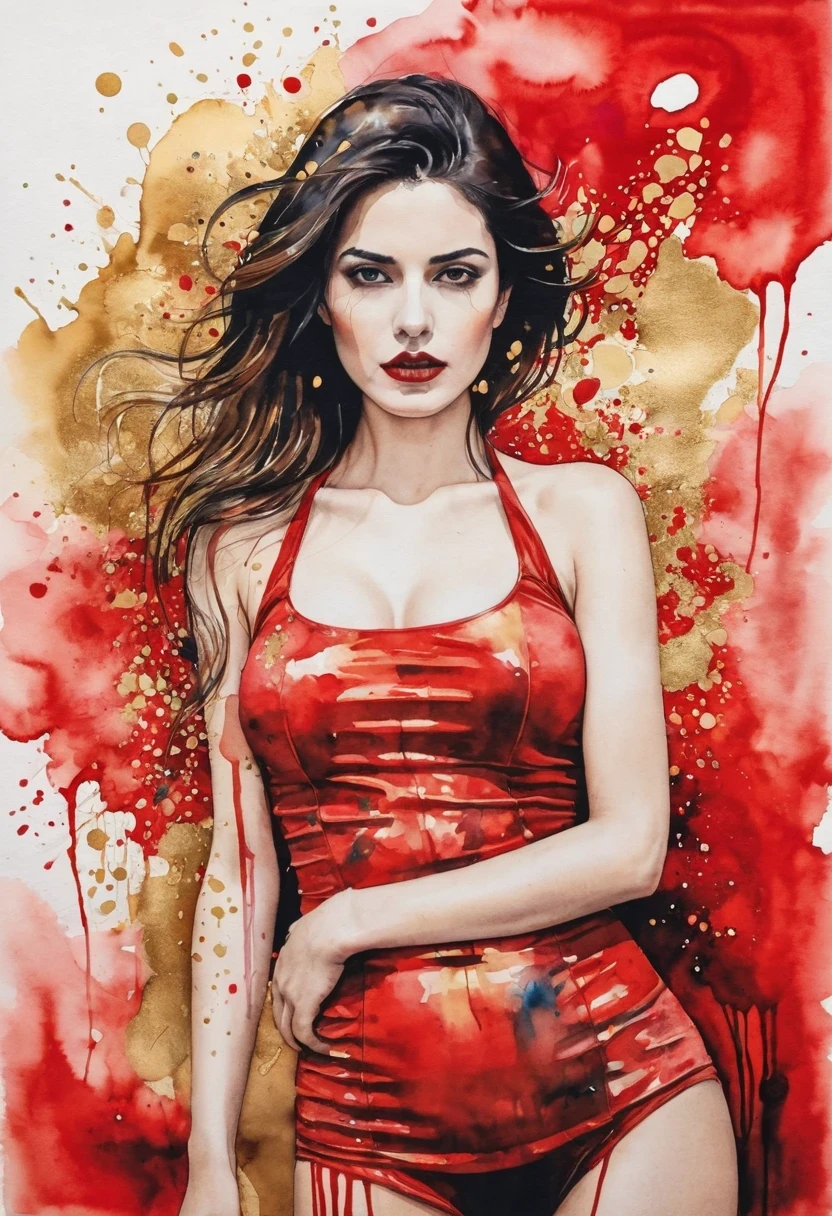 red and gold painting of woman, Silvia Pelissero watercolor, tumbler, abstraction, Intense watercolor painting, Watercolor Detailed Art, Watercolor splash, surreal, Avant-garde pop art, beautiful and expressive, Beautiful artistic illustration, Very colorful shades, extremely good, cruel beauty, best quality,official art, women only, clear outline, best shot