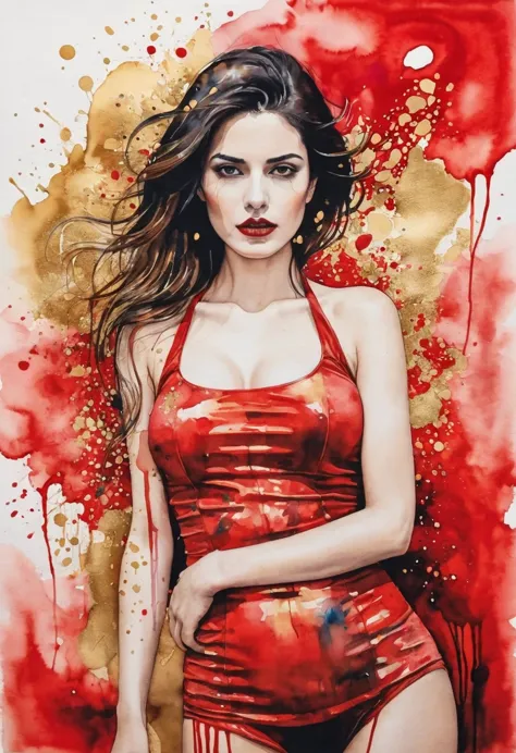 red and gold painting of woman, Silvia Pelissero watercolor, tumbler, abstraction, Intense watercolor painting, Watercolor Detai...