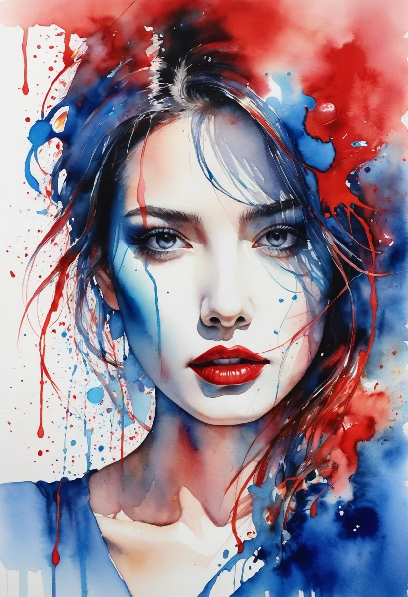 red and blue woman painting, Silvia Pelissero watercolor, tumbler, abstraction, Intense watercolor painting, Watercolor Detailed Art, Watercolor splash, surreal, Avant-garde pop art, beautiful and expressive, Beautiful artistic illustration, Very colorful shades, extremely good, cruel beauty, best quality,official art, women only, clear outline, best shot