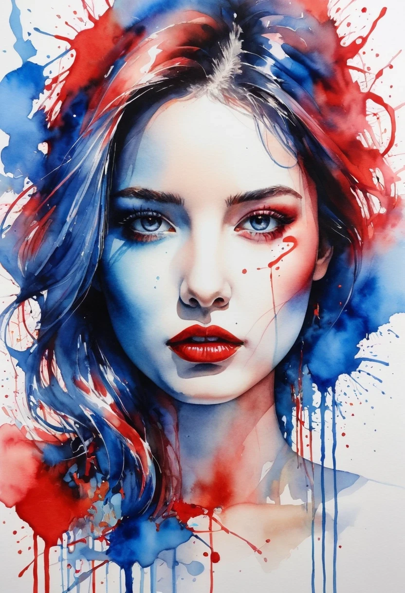 red and blue woman painting, Silvia Pelissero watercolor, tumbler, abstraction, Intense watercolor painting, Watercolor Detailed Art, Watercolor splash, surreal, Avant-garde pop art, beautiful and expressive, Beautiful artistic illustration, Very colorful shades, extremely good, cruel beauty, best quality,official art, women only, clear outline, best shot