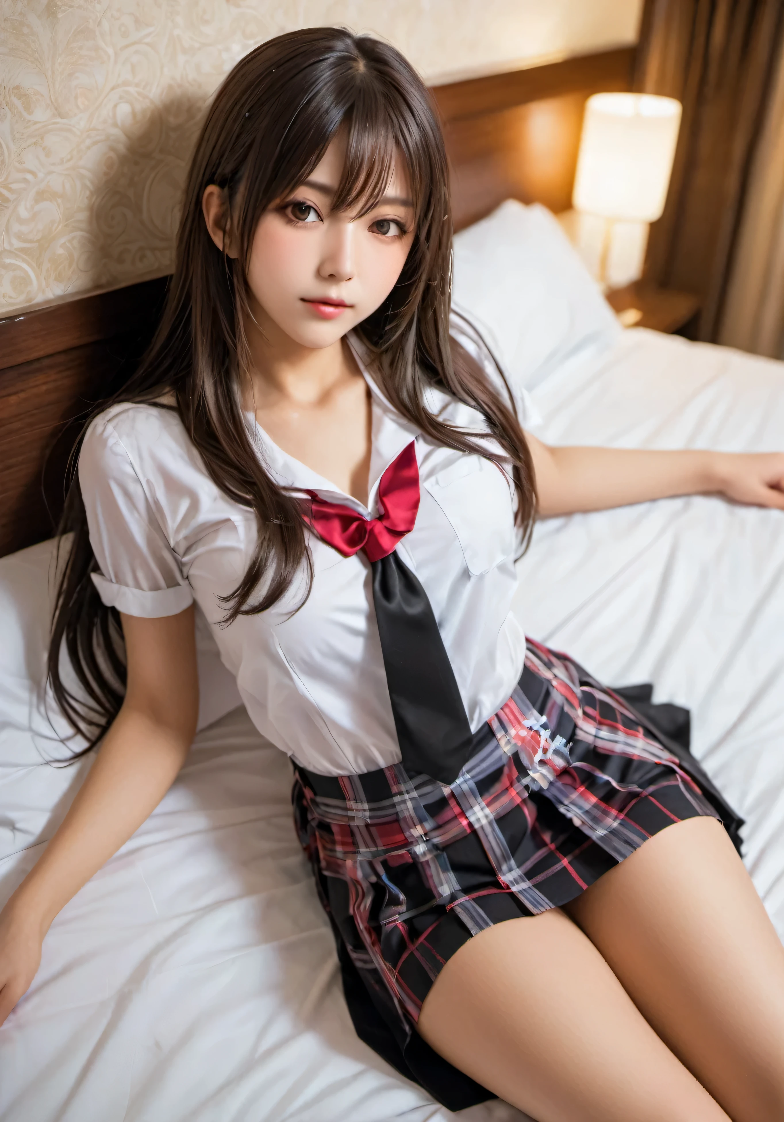 photograph, disorganized, High resolution, super detailed, maid girl,:d、((Long straight hair_Hair reaching down to the waist:1.3))、mini skirt、((in a hotel bed_lying on one&#39;s back_Are sleeping_mouth slightly open_eyes closed_Trance_pleasure_sigh:1.4))((legs are tightly closed))