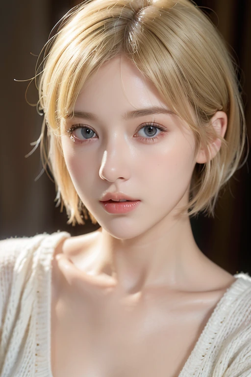 (masterpiece:1.3), (8K, realistic, Raw photo, highest quality: 1.4), (1 girl), beautiful face, (realistic face), (blonde, short bob hair:1.3), beautiful hairstyle, realistic eyes, detailed and beautiful eyes, (realistic skin), beautiful skin, (sweater), disorganized, Charm, ultra high resolution, surreal, very detailed, golden ratio