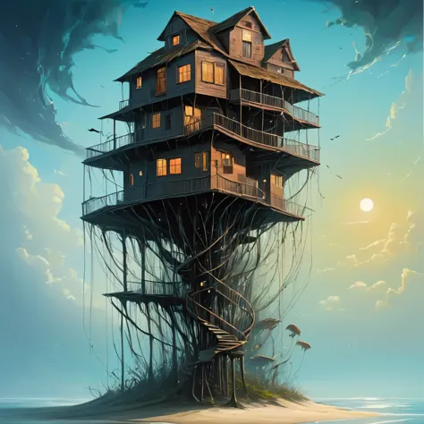 artstyle-surrealist,"surrealist art {A Stilt House SUPPORTED BY THE DNA SPIRAL} . dreamlike, mysterious, provocative, symbolic, ...