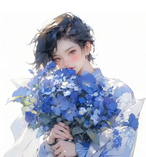 anime girl with blue flower in her hands, guweiz, There are flowers, author：Yang Jie, guweiz style artwork, by Ye Xin, author：Ga...