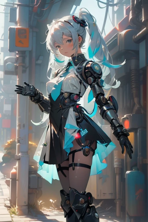 cyberpunk,Hatsune Miku,(voir à travers:1.5),Femme de ménage (1 fille),cheveux intérieurs colorés,Longues twintails,(poupée jouet),((poupée jouet joints:1.5,Manipulateur:1.5)),((robe d&#39;armure argentée)),Cuir métallisé translucide blanc,(Joint mécanique: 1.4),membres mécaniques,Peau très brillante,corps brillant,peau pailletée en plastique blanc,jambes mouillées,seulement_épaule,Décoration métallique délicate,Sans manches,mini jupe,bottes,angle par rapport au sol:1.4,angle de caméra faible,((couleurs vives)),(contexte compliqué),(Images délicates),(Photoréaliste: 1.4),(très détaillé),(haute résolution),(Meilleure qualité),(chef-d&#39;œuvre)