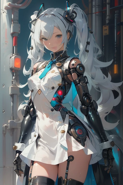 cyberpunk,Hatsune Miku,(see through:1.5),maid (1 girl),Colored inner hair,long twintails,(toy doll),((toy doll joints:1.5,Manipulator:1.5)),((silver armor dress)),White translucent metallic leather,(Mechanical joint: 1.4),mechanical limbs,very shiny skin,shining body,white plastic glitter skin,wet legs,only_Shoulder,Delicate metal decoration,sleeveless,mini skirt,boots,low camera angle,((bright colors)),(complicated background),(Delicate images),(Photorealistic: 1.4),(Highly detailed),(high resolution),(Best quality),(masterpiece)