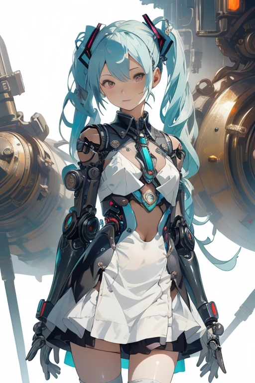 cyberpunk,Hatsune Miku,(voir à travers:1.5),Femme de ménage (1 fille),cheveux intérieurs colorés,Longues twintails,(visage proportionnel),(poupée jouet),((poupée jouet joints:1.5,Manipulateur:1.5)),((robe d&#39;armure argentée)),Cuir métallisé translucide blanc,(Joint mécanique: 1.4),membres mécaniques,Peau très brillante,corps brillant,peau pailletée en plastique blanc,jambes mouillées,seulement_épaule,Décoration métallique délicate,Sans manches,mini jupe,bottes,angle de caméra faible,((couleurs vives)),(contexte compliqué),(Images délicates),(Photoréaliste: 1.4),(très détaillé),(haute résolution),(Meilleure qualité),(chef-d&#39;œuvre)