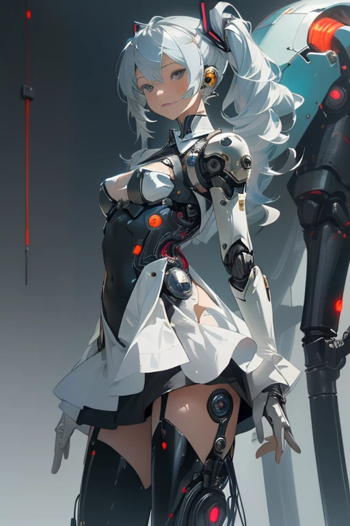 cyberpunk,Hatsune Miku,(durchschauen:1.5),Dienstmädchen (1 Mädchen),gefärbtes Innenhaar,Lange Zwillingsschwänze,(proportionales Gesicht),(spielzeug puppe),((spielzeug puppe joints:1.5,Manipulator:1.5)),((silbernes Rüstungskleid)),Weißes, durchscheinendes Metallic-Leder,(Mechanische Verbindung: 1.4),mechanische Gliedmaßen,(gepflegtes Gesicht, very shiny Haut),Haut,Glänzender Körper,white plastic glitter Haut,wet legs,Nur_Schulter,Zarte Metalldekoration,ärmellos,Minirock,Stiefel,niedriger Kamerawinkel,((Helle Farben)),(komplizierter Hintergrund),(Zarte Bilder),(fotorealistisch: 1.4),(sehr detailliert),(Hohe Auflösung),(beste Qualität),(Meisterwerk)