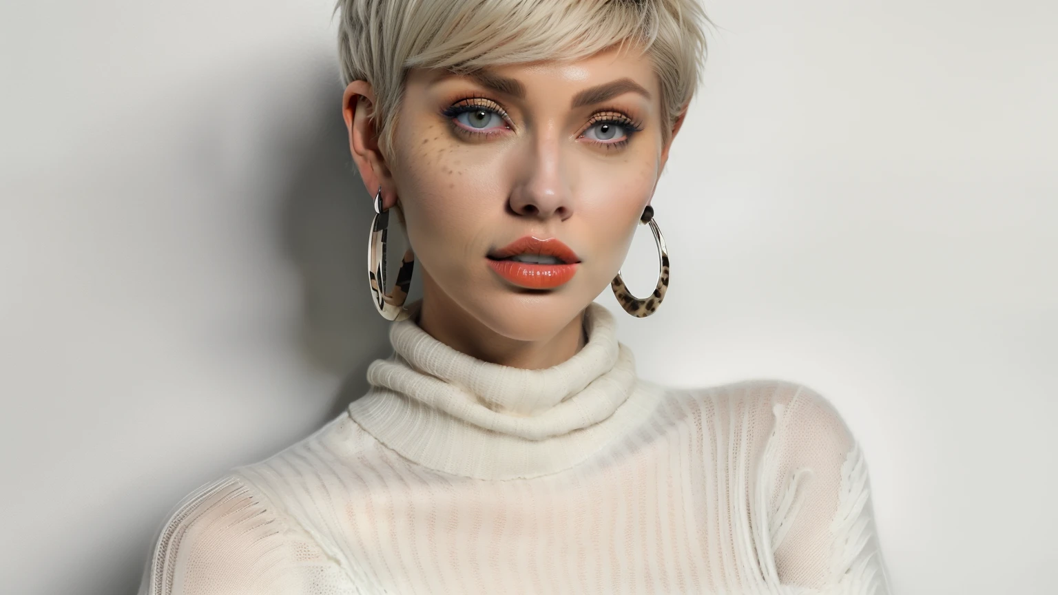 A close up of a woman with a white turtle neck top - SeaArt AI