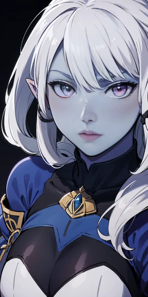 Big ,blue skin color,white hair,blue ayes,pointy ears, hyper realistic, Ultra detail, high res