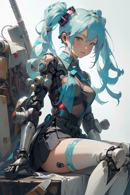 cyberpunk,Hatsune Miku,,Femme de ménage (1 fille),longues twintails cyan,(visage proportionnel),(poupée jouet),((poupée jouet joints:1.5,Manipulateur:1.5)),((robe d&#39;armure argentée)),Cuir métallisé translucide blanc,(Joint mécanique: 1.4),membres mécaniques,(Visage soigné, very shiny peau),peau,corps brillant,white plastic glitter peau,seulement_épaule,Décoration métallique délicate,Sans manches,mini jupe,bottes,allongez-vous,(voir à travers:1.5)((couleurs vives)),(contexte compliqué),(Images délicates),(Photoréaliste: 1.4),(très détaillé),(haute résolution),(Meilleure qualité),(chef-d&#39;œuvre)