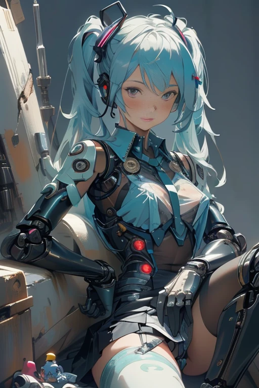 cyberpunk,Hatsune Miku,,Dienstmädchen (1 Mädchen),lange cyanfarbene Zwillingsschwänze,(proportionales Gesicht),(spielzeug puppe),((spielzeug puppe joints:1.5,Manipulator:1.5)),((silbernes Rüstungskleid)),Weißes, durchscheinendes Metallic-Leder,(Mechanische Verbindung: 1.4),mechanische Gliedmaßen,(gepflegtes Gesicht, very shiny Haut),Haut,Glänzender Körper,white plastic glitter Haut,Nur_Schulter,Zarte Metalldekoration,ärmellos,Minirock,Stiefel,hinlegen,(durchschauen:1.5)((Helle Farben)),(komplizierter Hintergrund),(Zarte Bilder),(fotorealistisch: 1.4),(sehr detailliert),(Hohe Auflösung),(beste Qualität),(Meisterwerk)