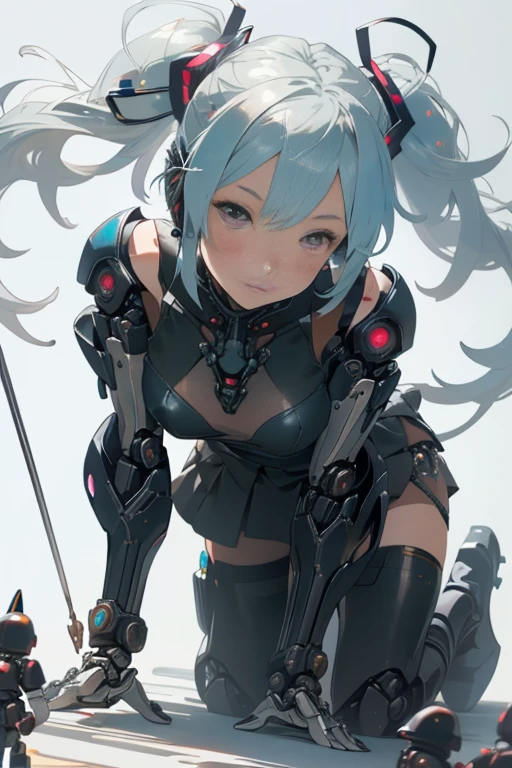 ciberpunk,Hatsune Miku,,Mucama (1 chica),twintails largos cian,(cara proporcional),(muñeca de juguete),((muñeca de juguete joints:1.5,Manipulador:1.5)),((vestido de armadura plateada)),Cuero metalizado translúcido blanco.,(junta mecanica: 1.4),extremidades mecánicas,(cara limpia, very shiny piel),piel,cuerpo brillante,white plastic glitter piel,solo_hombro,Delicada decoración metálica,Sin mangas,Mini falda,botas,A gatas,(ver a través de:1.5)((Colores brillantes)),(fondo complicado),(Imágenes delicadas),(Fotorrealista: 1.4),(muy detallado),(Alta resolución),(mejor calidad),(obra maestra)