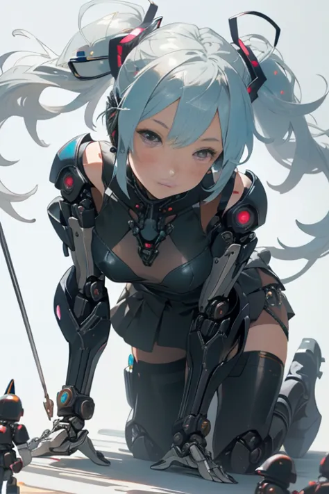 cyberpunk,Hatsune Miku,,maid (1 girl),long cyan twintails,(proportional face),(toy doll),((toy doll joints:1.5,Manipulator:1.5))...