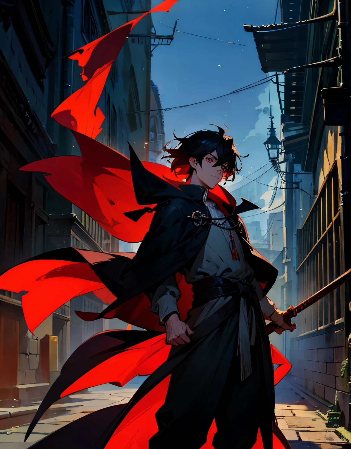 anime 2 boy, handsome, black hair, shiny red eyes, black tattered cloak, head to waist, straight shot, standing, a red cute little fox on shoulder, medieval street background, ultra detailed 