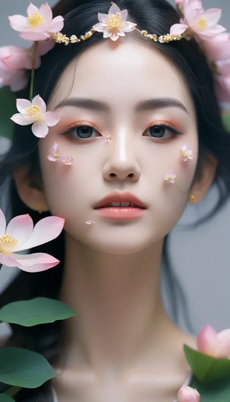 a close up of a woman with flowers in her hair, flowers covering eyes, flower mask, girl with a flower face, flower goddess, flo...