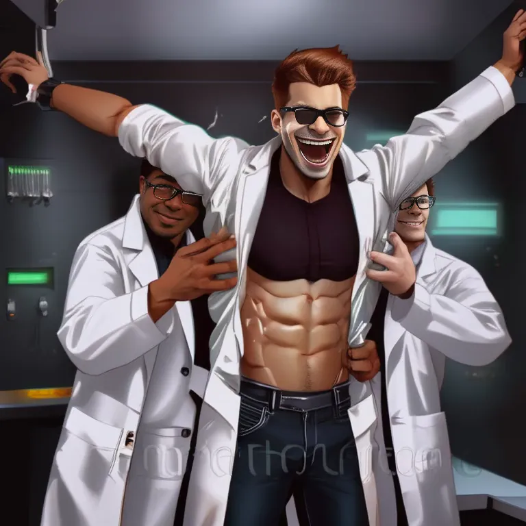 digital art, 2 men, muscular handsome ginger haired man wearing a white lab coat and glasses laughing hands above head tied, mus...