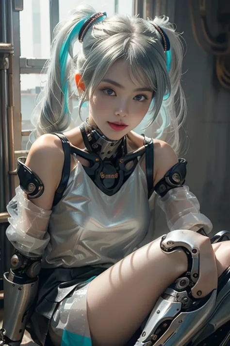 Hatsune Miku,maid (1 girl),long cyan twintails,(proportional face),((silver armor dress)),White translucent metallic leather,(Me...
