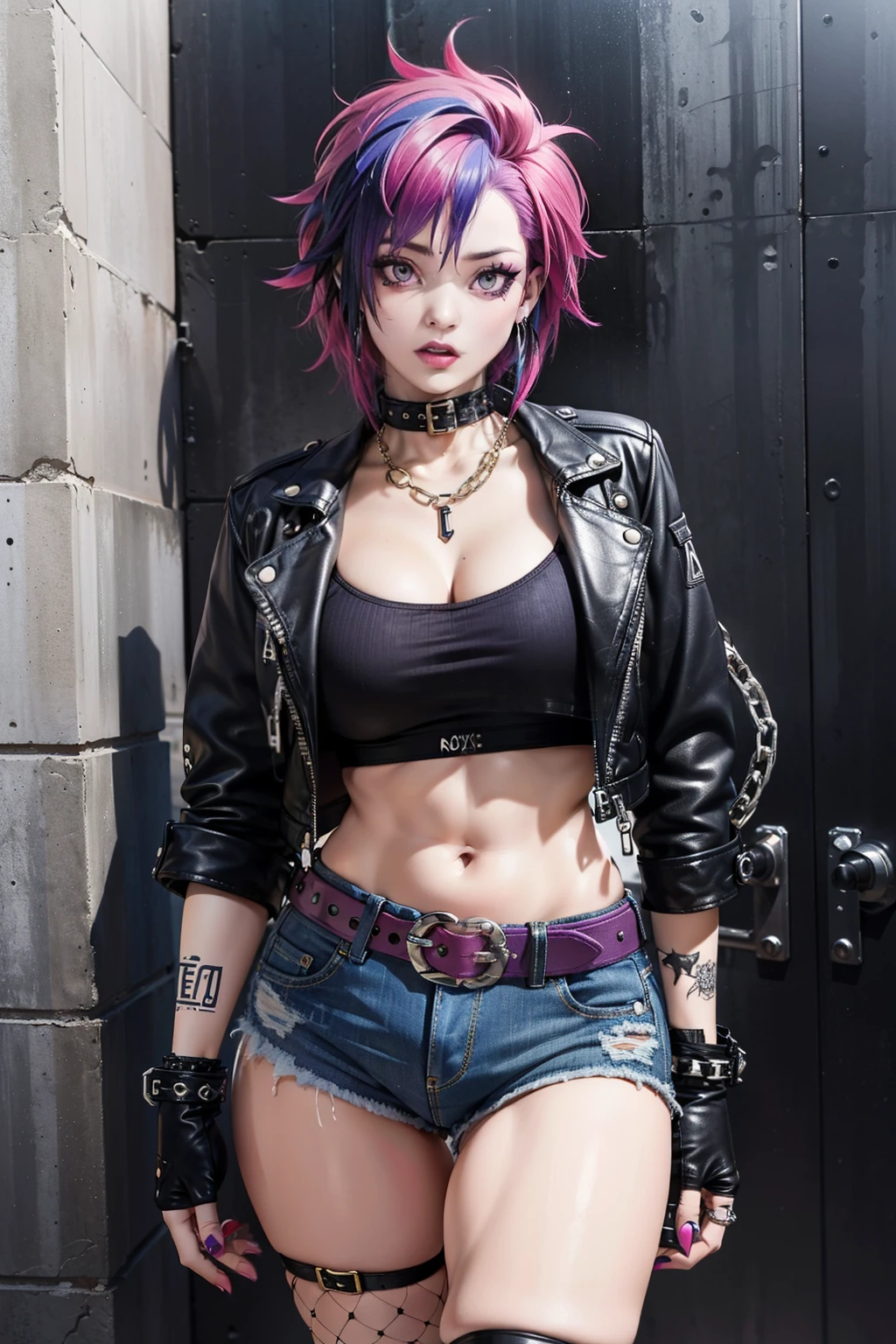 Create a role called Roxy, Punk rock girl who exudes rebellion. Roxy&#39;s unique look includes vibrant, (((An oversized purple and pink mohawk on top of her head))) Both sides of her scalp were shaved，To showcase a range of fascinating tattoos. Her style is the epitome of cool, A cropped leather jacket features plenty of edgy pins and needles, Complemented by a variety of exquisite punk jewelry. She also wears red or black fishnets with random holes.

Under her fiery red jacket, Roxy rock zigzag vest, Carefully designed clever holes，Revealing the carefully designed black bra underneath. (((Her rebellious look continued with a pair of dark denim shorts，Comes with chain as belt, and other iconic punk and goth rock accessorieake her look more perfect))).

Roxy&#39;s boots tell their own story, Experienced countless punk adventures, They now boast a shabby, Dark purple tones for a dirty look, Paired with bold red laces and chunky, Trampled soles. Imagine her in the gritty atmosphere of a dive bar, Surrounded by punk rockers, The visuals are reminiscent of Zack Snyder&#39;s unique style