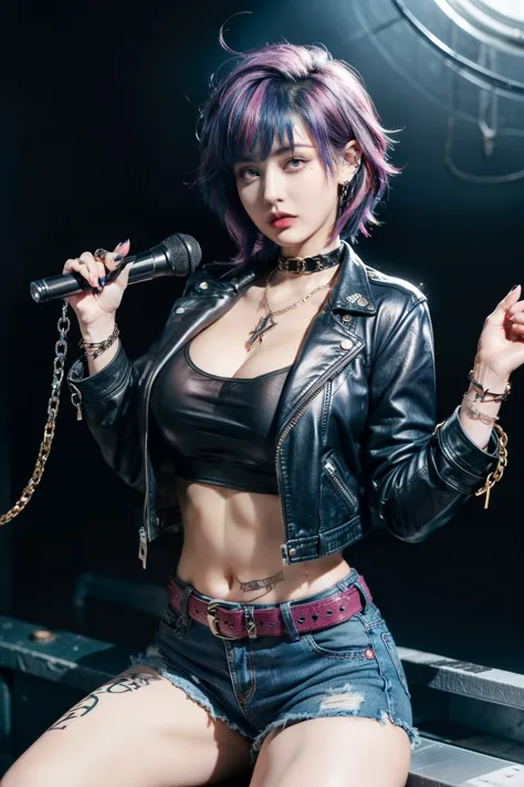 Create a role called Roxy, Punk rock girl who exudes rebellion. Roxy&#39;s unique look includes vibrant, (((An oversized purple ...