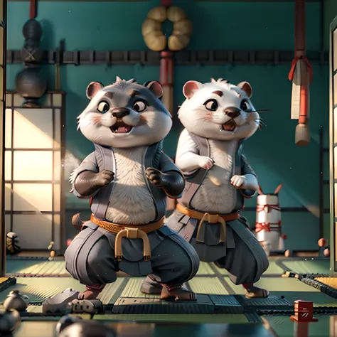 (japanese dojo:1.7) , ((ferret doing kung fu)), dynamic pose, kung fu outfit, long snout, masterpiece, detailed, high quality