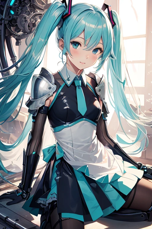 Hatsune Miku,empregada doméstica (1 garota),longas twintails ciano,(rosto proporcional),((Vestido de armadura prateada)),Couro metálico translúcido branco,(junta mecânica: 1.4),membros mecânicos,(Rosto limpo,pele muito brilhante,olhos detalhados),corpo brilhante,pele de glitter de plástico branco,apenas_Ombro,Decoração delicada de metal,sem mangas,mini-saia,botas,ajoelhado,(transparente:1.5)((cores brilhantes)),(fundo complicado),(Imagens delicadas),(fotorrealista: 1.4),(Altamente detalhado),(Alta resolução),(melhor qualidade),(obra de arte)