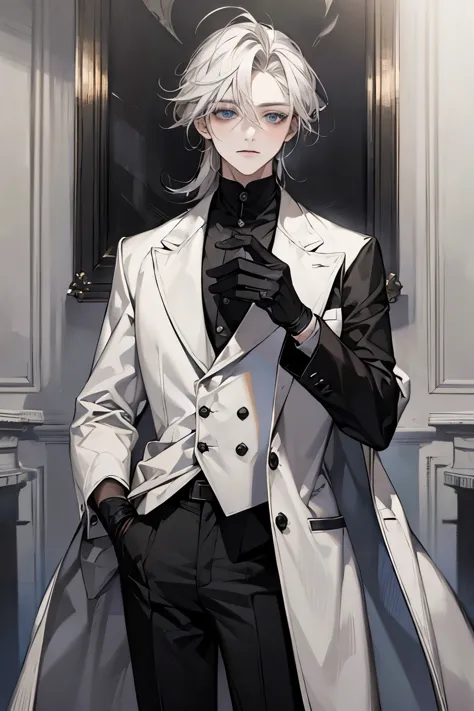 Masterpiece, best quality, solo, male, mafia, black shirt, white pant, black gloves, white coat, medium hair, gray hair, light b...