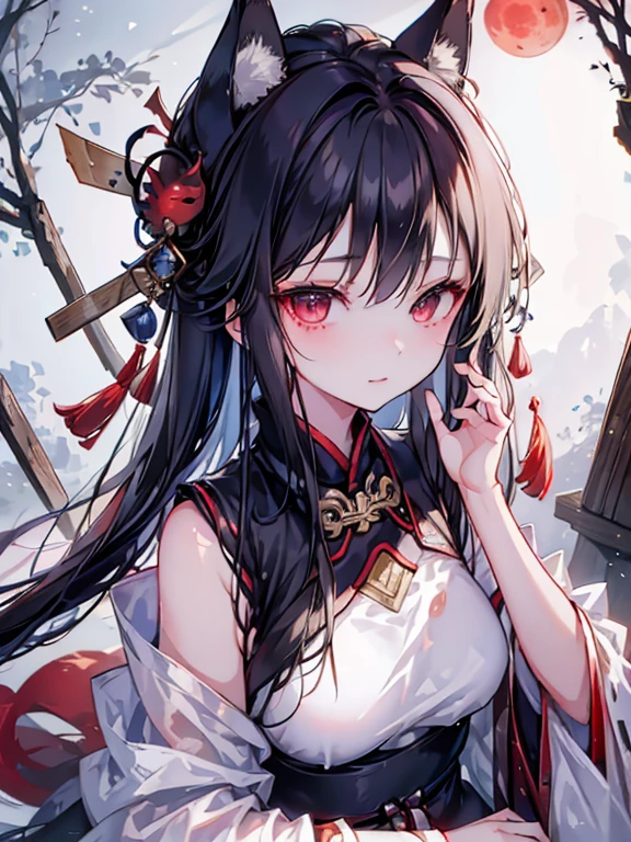 depth of field,A girl wearing a fox mask sits on the roof of an izakaya buried in rubble,miko,black hair,long hair,red eyes,red moon,shiny skin,(smirk),(close-up:1.3),outstretched arm