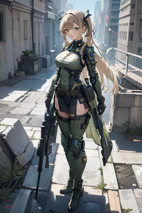 beautiful female soldier in a green uniform holding a gun,tattered military gear, mechanized soldier girl, oversized mechanical ...