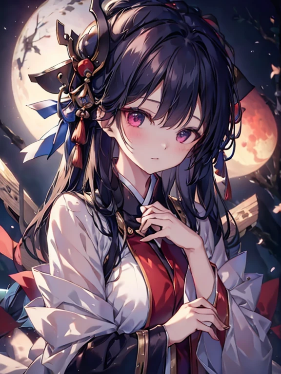 depth of field,A girl wearing a fox mask sits on the roof of an izakaya buried in rubble,miko,black hair,long hair,red eyes,red moon,shiny skin,(smirk),(close-up:1.3),outstretched arm