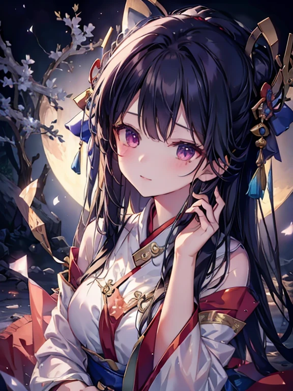 depth of field,A girl wearing a fox mask sits on the roof of an izakaya buried in rubble,miko,black hair,long hair,red eyes,red moon,shiny skin,(smirk),(close-up:1.3),outstretched arm