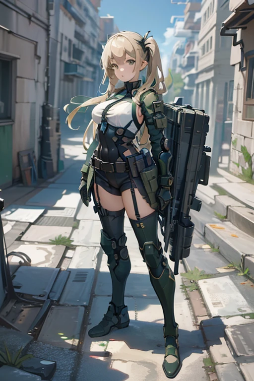 Beautiful female soldier in a green uniform holding a gun,tattered military gear, mechanized soldier girl, oversized mechanical exoskeleton arms and legs,girl in mecha armor,mechanized valkyrie girl,infantry girl,Barely Clothed, cammo patterns,Beautiful Face,Digital Art,Extreme Detail,Character Design,Volumetric Lighting,Reflections,Glossy,Digital Illustration,Pose,Suggestive Pose, Lewd,Full Body Shot,(complicated background),(Delicate images),(Photorealistic: 1.4),(Highly detailed),(high resolution),(Best quality),(masterpiece)