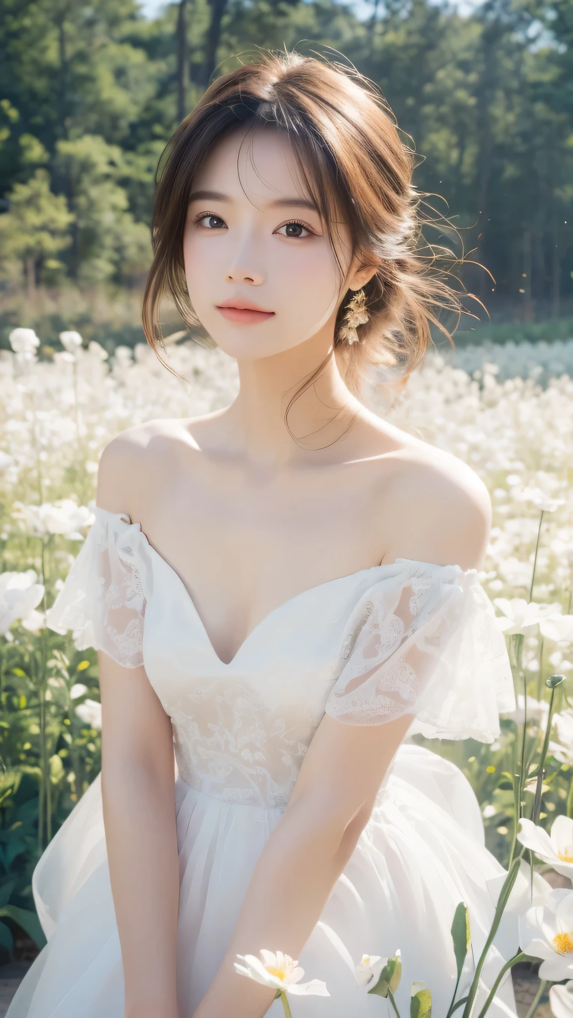 best quality, masterpiece, ultra high resolution, (lifelike:1.4), original photo, 1 girl, white dress, Off the shoulders, flower field, glowing skin, faint smile