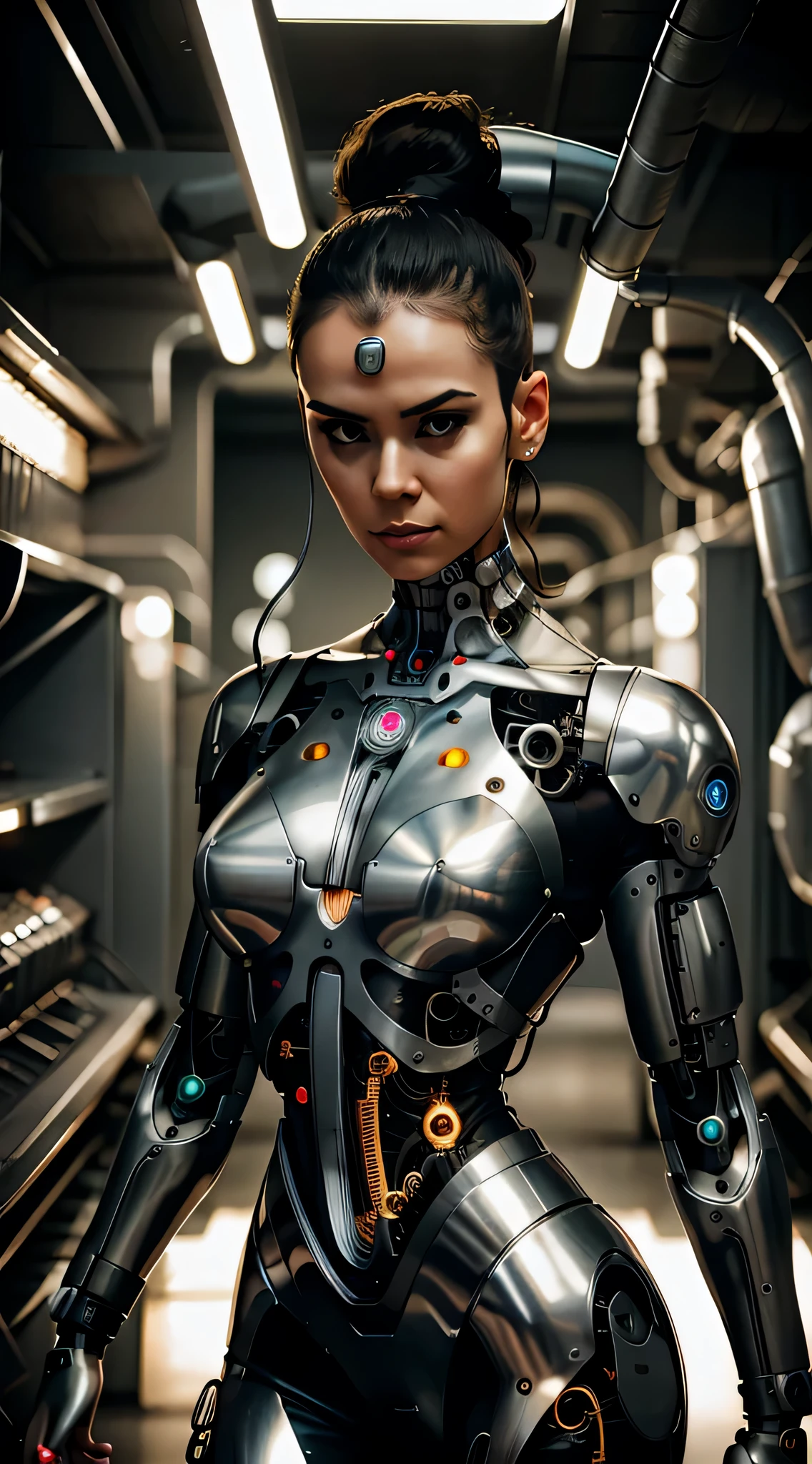 Una mujer cyborg con una cabeza de metal y una placa de circuito en el cuello..