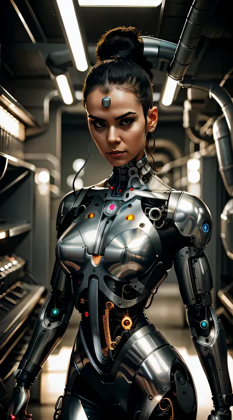 A cyborg woman with a metal head and a circuit board on her neck.
