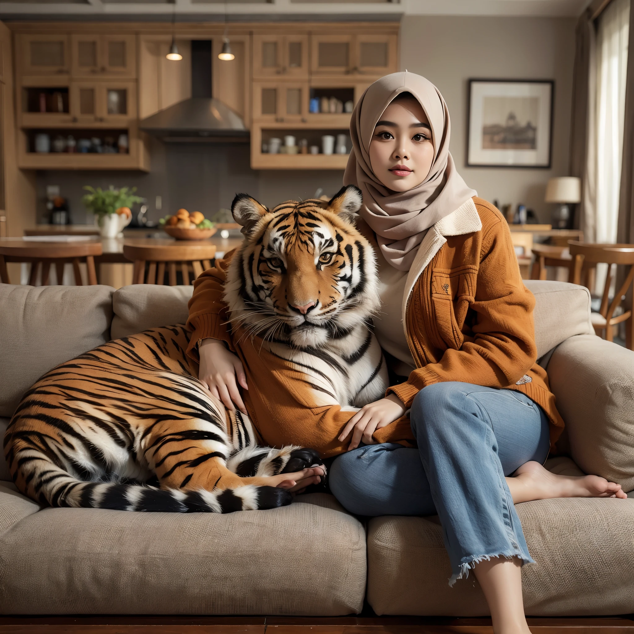 Mujer regordeta indonesia, y tigre