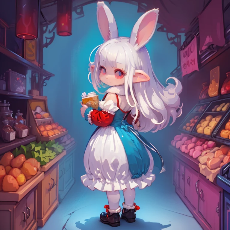 Voxels,(3D Big Pixel Art,3D Pixel Art),White background,Large pixels, there is a old rabbit man,girl(3D Pixel Art:2.0,Chibi,cute,kawaii,small kid,white hair:1.8,long hair,rabbit ear,white dress,red eyes,big eyes,skin color white,big black hairbow,she bought French breads from old man),#background(at classic bakery,shop owner is a old man),(3D Pixel Art),(from back:1.4)