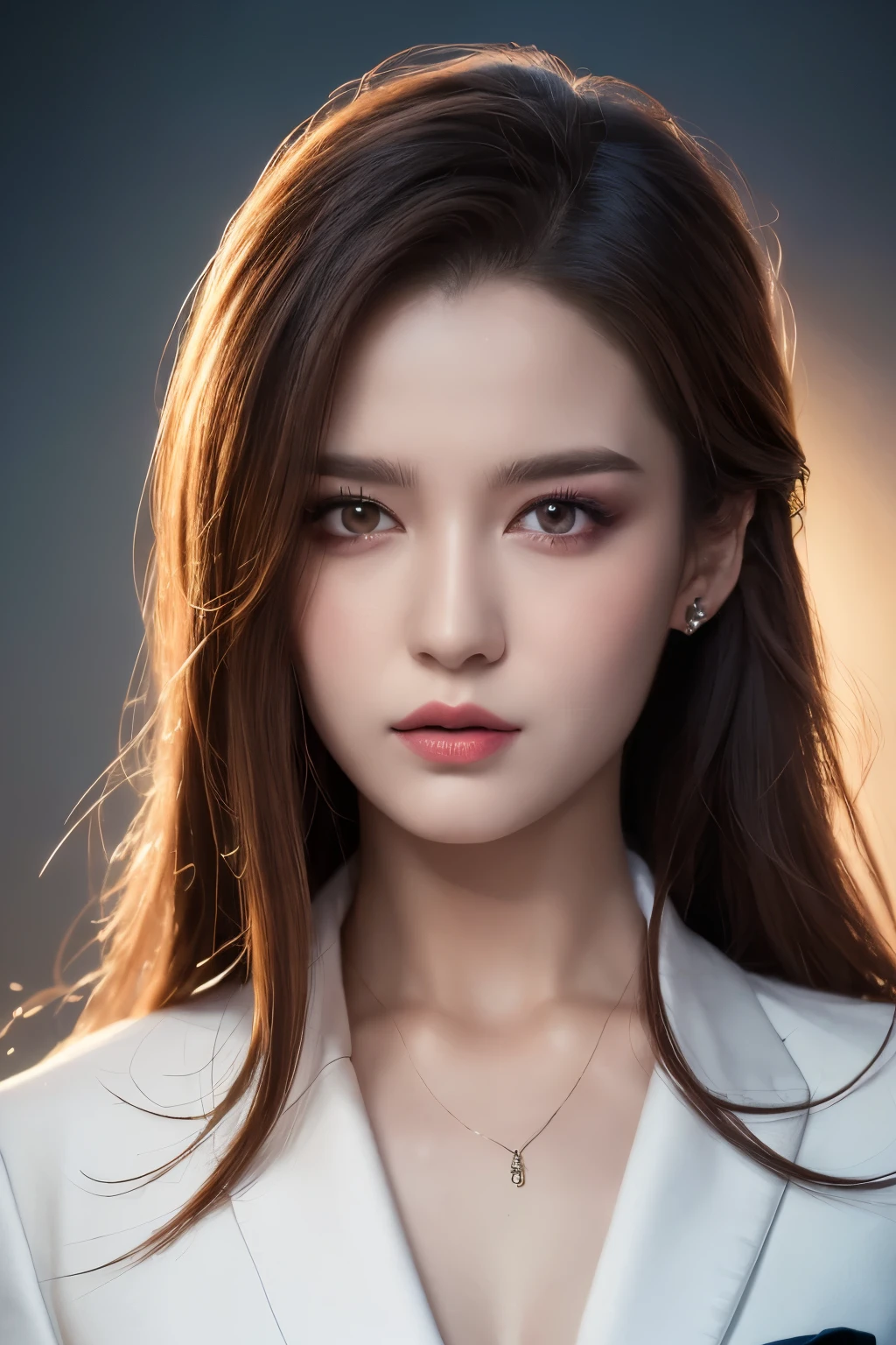 Surrealist female portrait，fantasy art，photo-realistic，dynamic lighting，art station，poster of，volume lighting，highly detailed face，4k&#39;&#39;，Award-winning，，1 girl，early in the morning，Light of the sun，bass，cowboy pictures,(formal attire:1.4),white long hair,brunette colored hair,