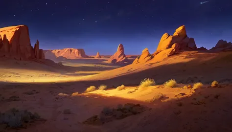 desert,Rocky Plateau and desert, shrubland,night