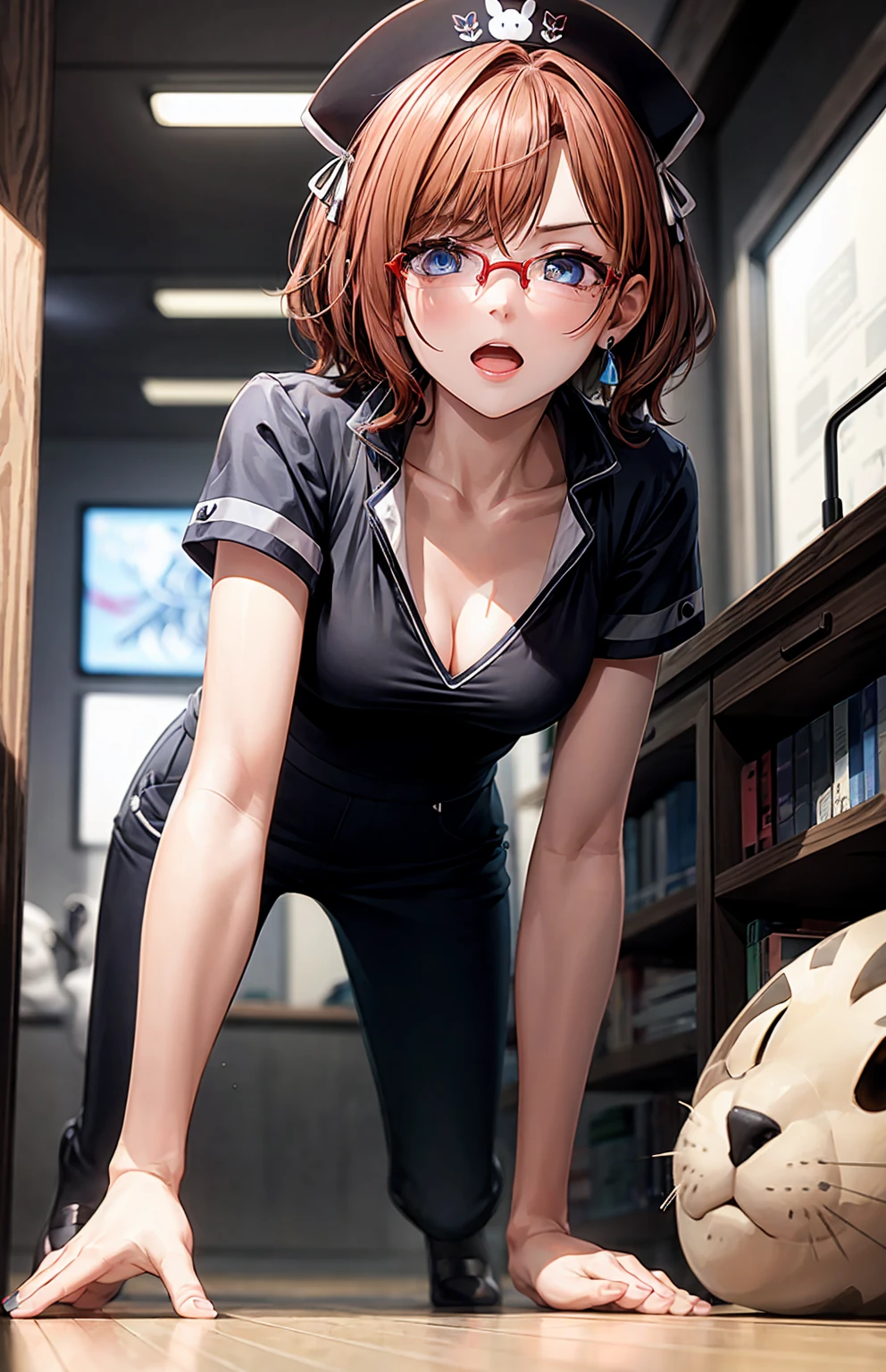 ultradetail、particles of light:0.5、slender、small breasts、Red Frame Glasses、beautiful blue eye、half open mouth、cleavage、nurse、crawl on all fours