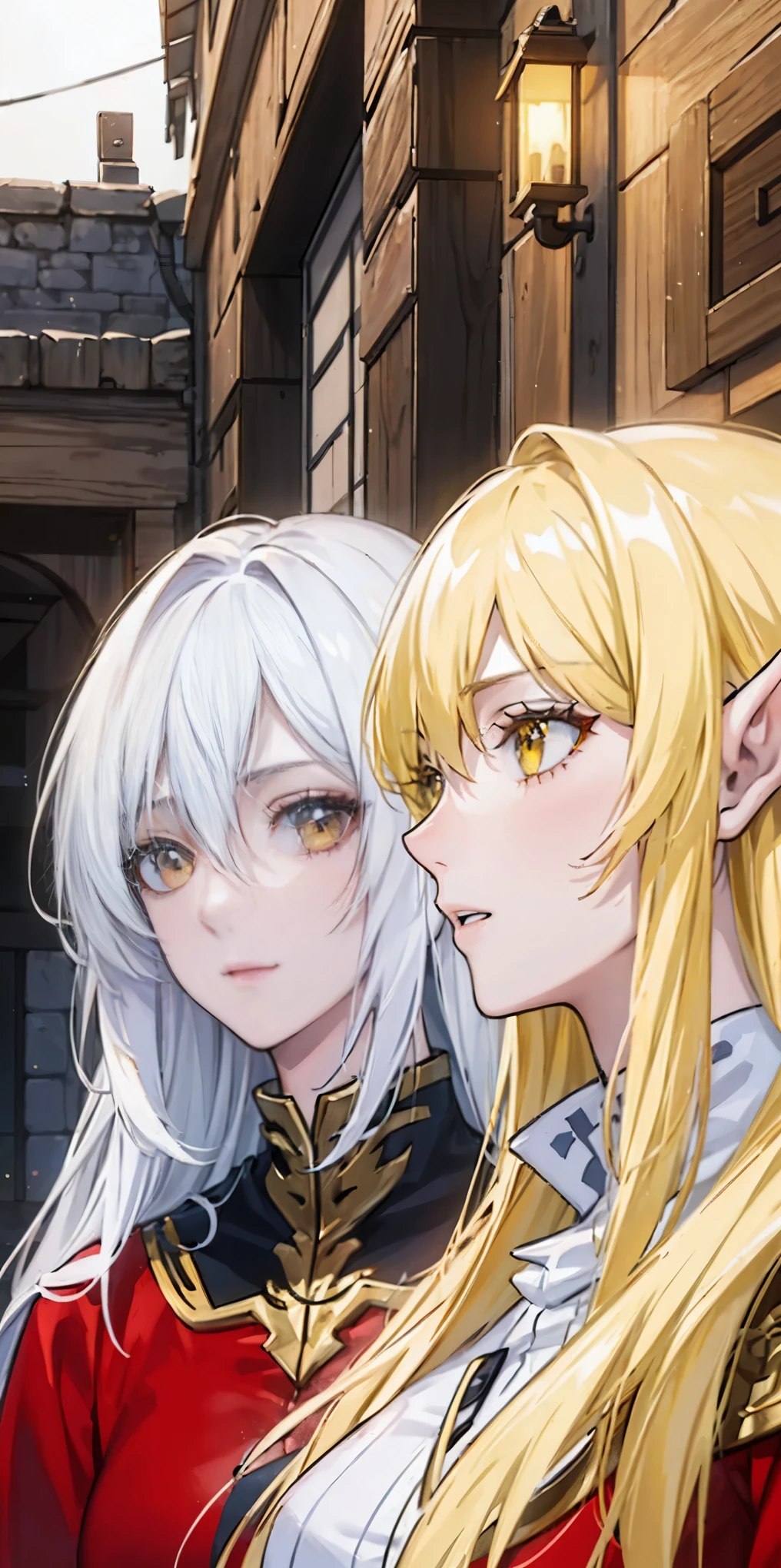 masterpiece, best quality, high quality, WHITE SKIN elf, long hair, white hair, yellow eyes