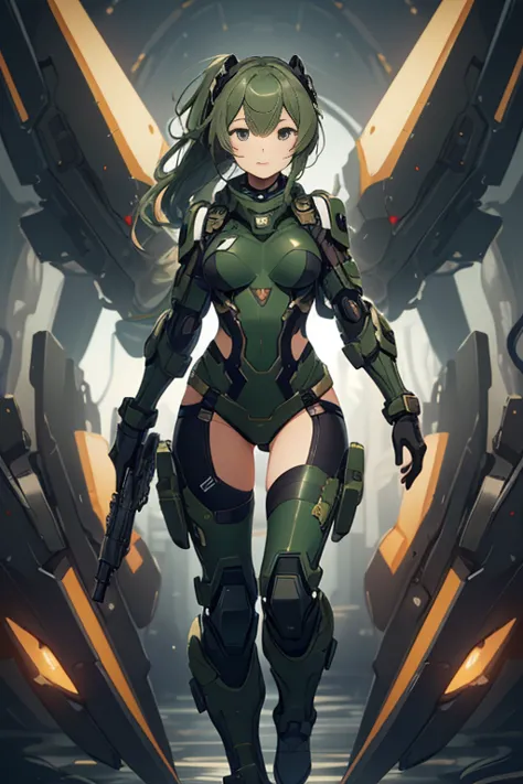 Beautiful female soldier in a green uniform holding a gun,tattered military gear, mechanized soldier girl, oversized mechanical ...
