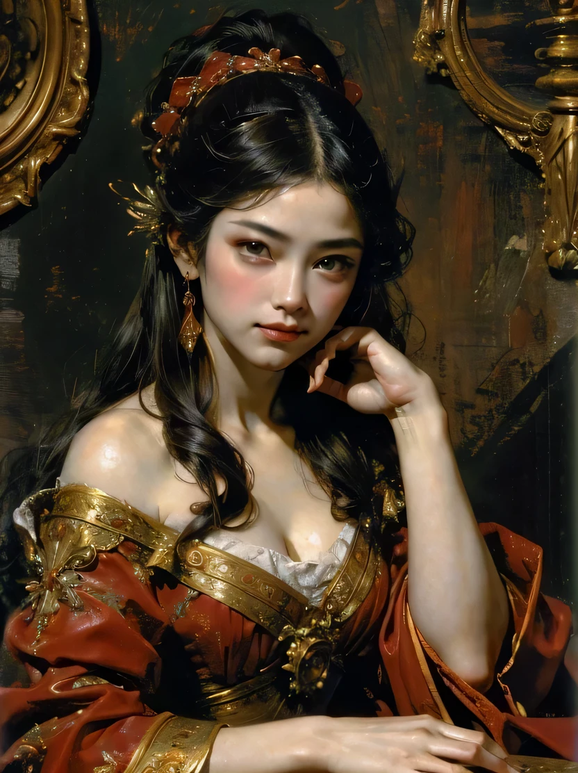 ((masterpiece、highest quality、Super fine、High resolution、sharp focus、cinematic lighting))、((1 female、bust shot))、focus from the chest up、Woman with long black hair、exquisite features、chignon、hairpin、red cheongsam、Plain wall background、((renaissance classic oil painting style))、Sitting on a stool、((view audience、Detailed hand depiction))、Fechin、oil painting