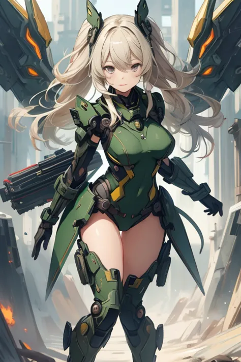 Beautiful female soldier in a green uniform holding a gun,tattered military gear, mechanized soldier girl, oversized mechanical ...