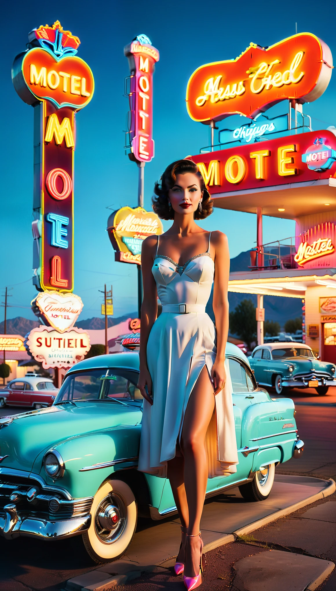 ((masterpiece, highest quality, Highest image quality, High resolution, photorealistic, Raw photo, 8K)), arafed view of a motel with a car parked in front of it, with neon signs, A woman waiting for a guest in front of a motel, seduction, short dress and high heels, route 6 6, neon signs, 1 9 5 0 s americana tourism, some have neon signs, neon lights outside, neon advertisements, gigantic neon signs, neon shops, by Arnie Swekel, few neon signs, neon signs in background,