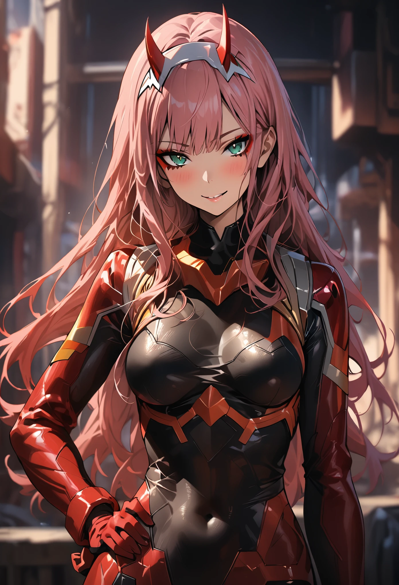 very detailed background, masterpiece, best quality, 1girl, solo, ((masterpiece, best quality)),best aesthetic, zero two (darling in the franxx), darling in the franxx, bangs, biting, blush, covered navel, eyeshadow, green eyes, hair behind head, hand on hip, horns, smile, long hair, looking at viewer, makeup, medium breasts, pilot suit, red suit, pink hair, red eyeshadow, science fiction, skin tight, 