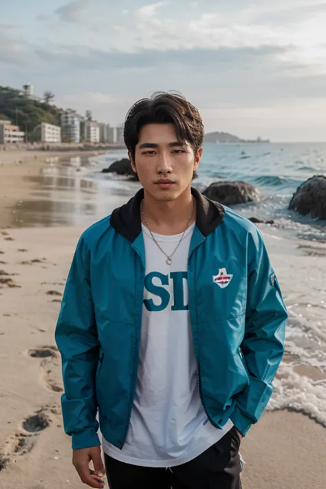 hombre , coreano muy galan, idol ,  delgado, fotografo en la playa con ropa