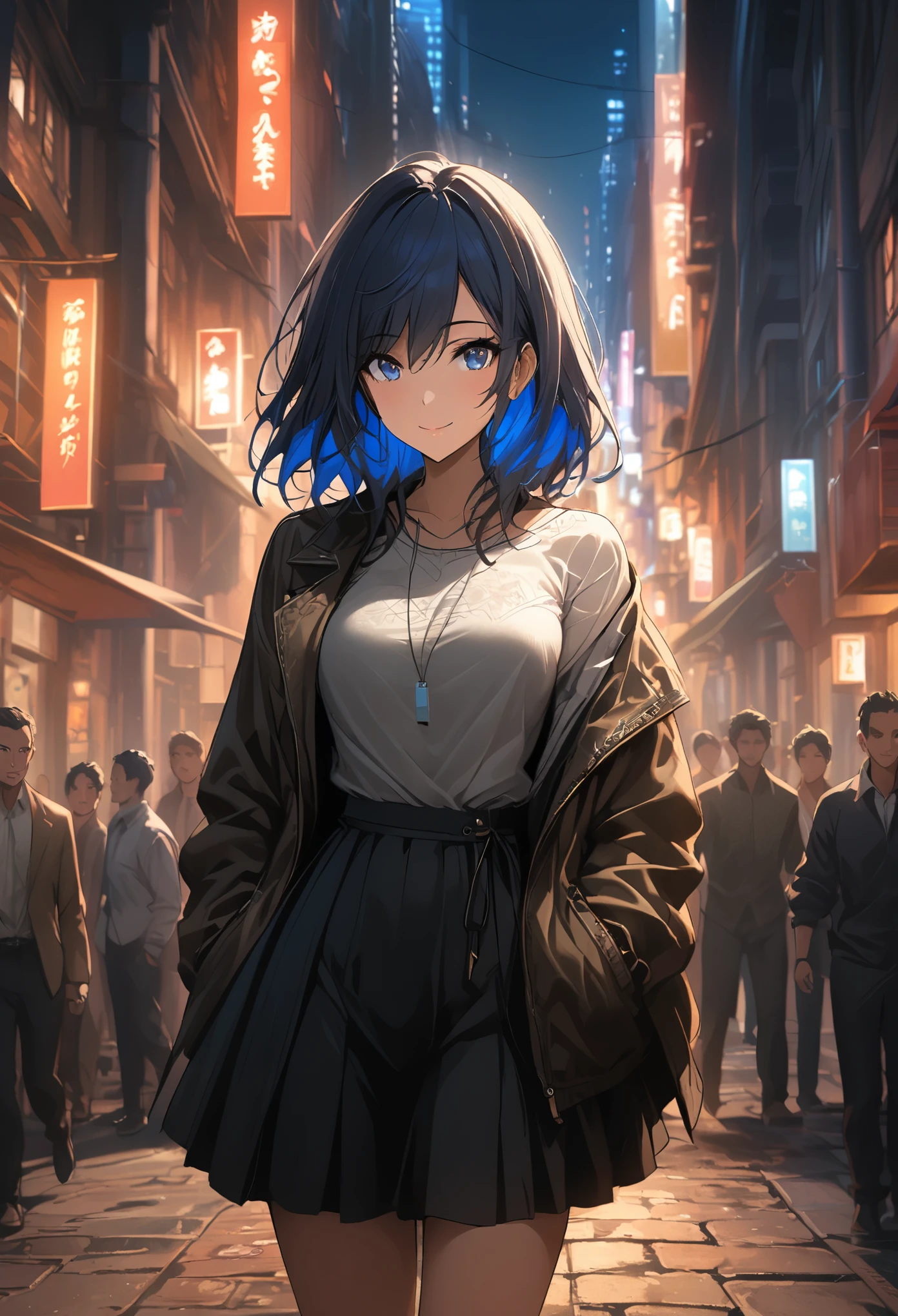 1 girl, Black_skirt, blue_hair, architecture, City, Cityscape, hair_between_Eye, Jacket, watching_exist_audience, Moderate_hair, colorful_hair, many kinds of_boys, night, leave_Shoulder, outdoor, pleexisted_skirt, road, shirt, skirt, skyscrapers, Smile, alone_focus, street, white_shirt