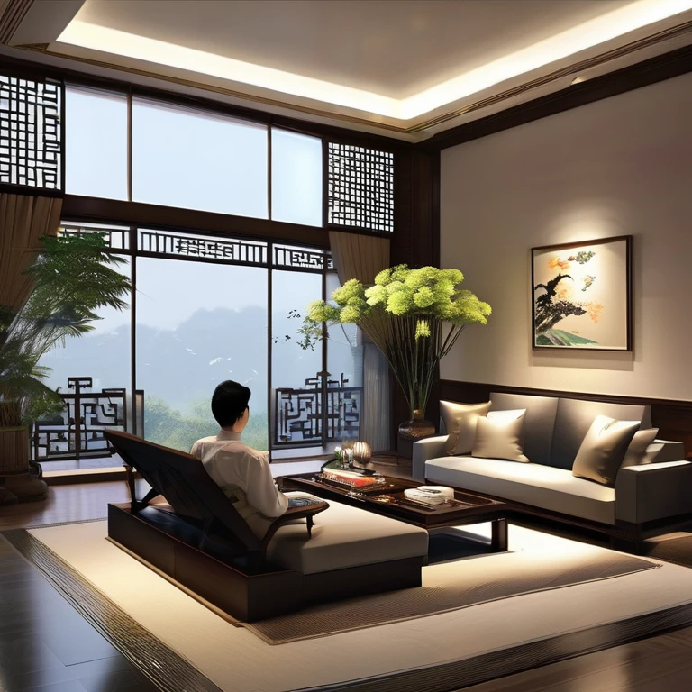 Simple room，Set up the fireplace，Fireplace front view，Man on the couch is reading a book，There are floor-to-ceiling windows，sofe，a chair，New Chinese style decoration，high-definition photography，Best Masterpiece，HighestQuali