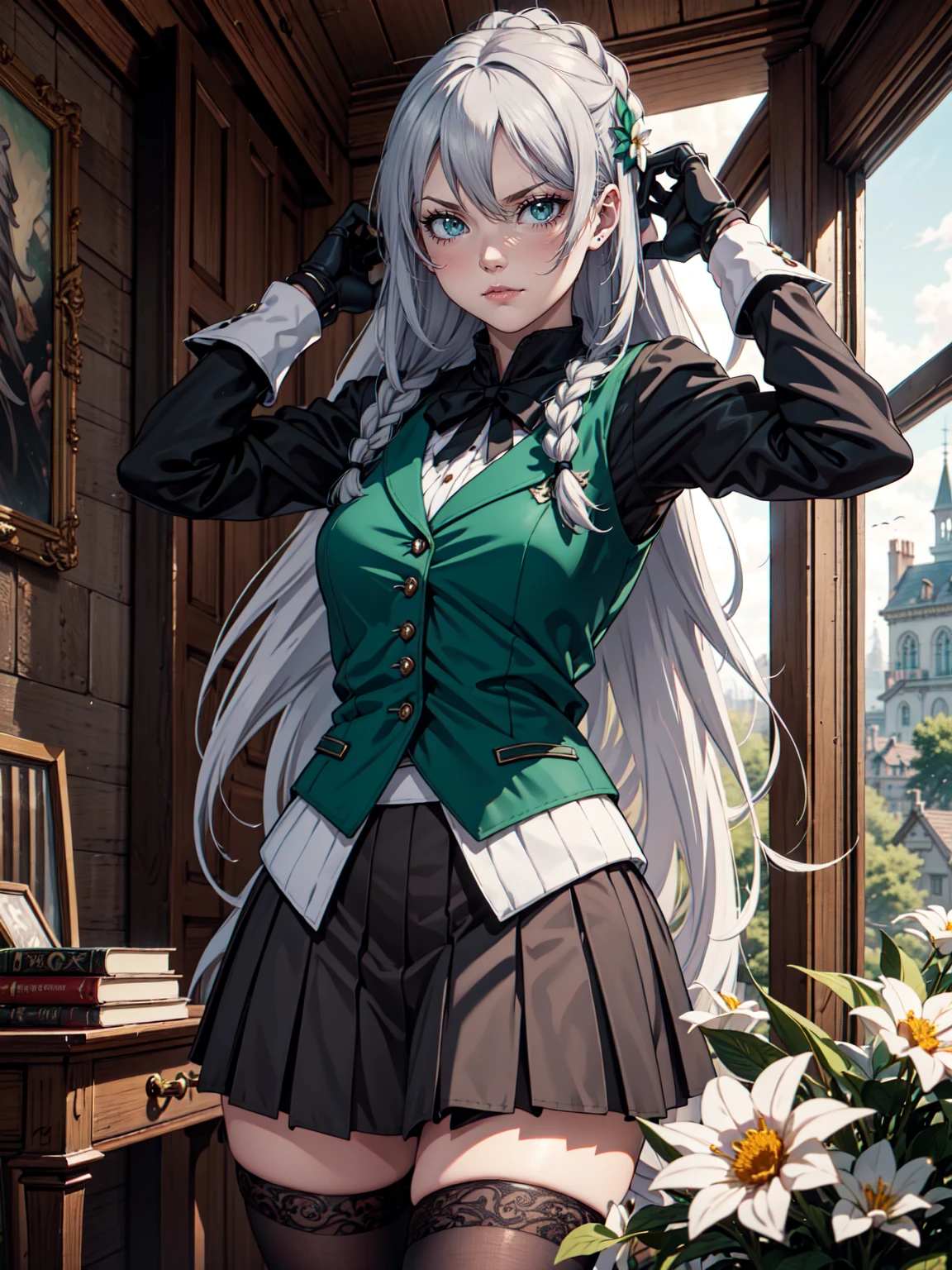 Ultra High Definition, Ultra High Quality, Hyper Definition, Hyper Quality, Hyper Detailed, Extremely Detailed, Perfectly Detailed, 8k, 1 Anime Female, Female Heroic Pose,  Long Silver Hair with Small Braids, Women's Black Luxury Vest,  Grey Skirt,  Black  Tights, Gloves, Solid Green Eyes, Smirk Expression, White Flower Barrette,    Mansion Room Panoramic Background
